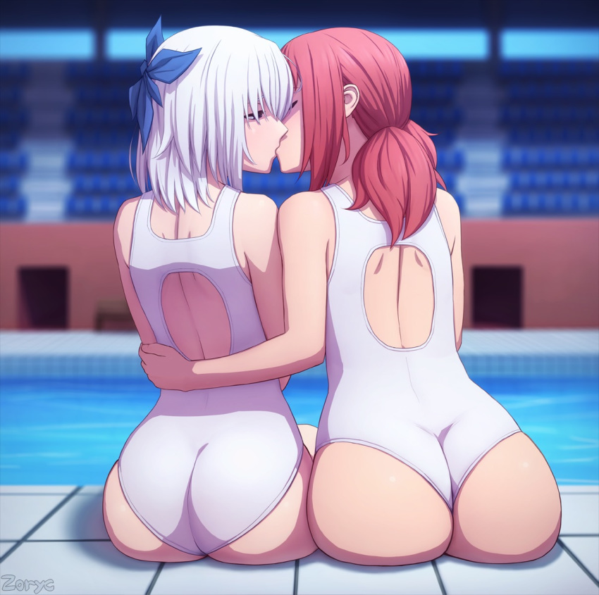 2girls arm_around_waist back back_cutout big_butt butt closed_eyes competition_swimsuit fat_ass female female/female female_only from_behind hair_ribbon highres human human_only inside keijo!!!!!!!! kiss kissing lesbian miyata_sayaka multiple_girls one-piece_swimsuit pink_hair pool poolside ribbon silver_hair sitting skindentation swimsuit tagme toyoguchi_non water wedgie white_hair white_swimsuit yuri zoryc