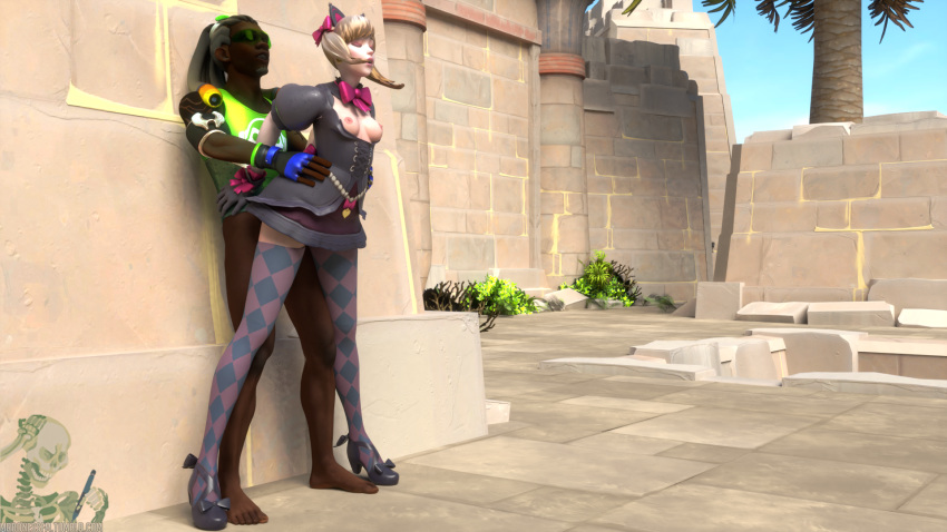 3d alternate_costume asian black_cat_d.va blender d.va dark-skinned_male dark_skin female interracial lúcio mrbonessfm necropolis_(map) overwatch overwatch_2 standing