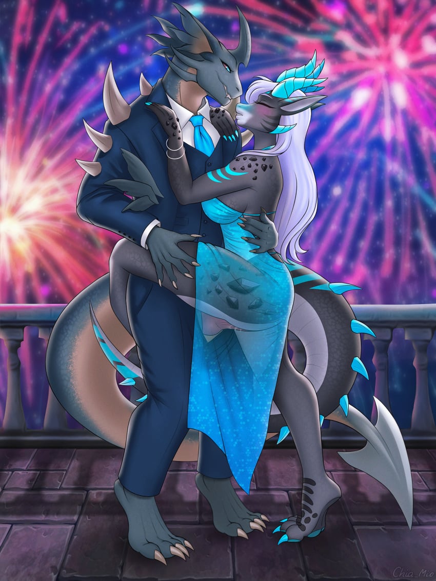 alternate_version_at_source anthro anthro_on_anthro big_tail blue_eyes blue_horn blue_nails blush bodily_fluids chia_mio clothed clothing colored_nails colorful_theme cyrex_(gdragv) dragon dress duo female fireworks genital_fluids genitals grey_body grey_skin hair hi_res holding_legs_up holidays horn knot knotted_penis larger_male male male/female male_penetrating mythological_creature mythological_scalie mythology nails new_year penetration penis public public_sex raised_leg scales scalie sex size_difference smaller_female sophia_(gdragv) spiked_tail spikes spikes_(anatomy) stealth_sex suit tail tiptoes translucent translucent_clothing translucent_dress vaginal_fluids white_hair