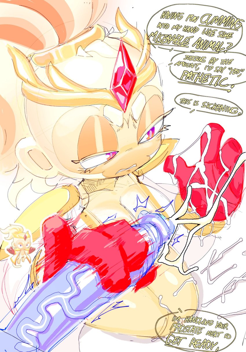 1boy 1girls adora_(bloons_tower_defense) anthro big_breasts big_penis bloons_tower_defense bodily_fluids breasts clenched_teeth clothing crown cum cum_on_gloves cum_on_hand disgust ejaculation english_text eyebrows eyelashes female fur gem genital_fluids genitals gloves goatboydraws hair handjob handwear haplorhine headgear hi_res huge_cock humanoid_genitalia humanoid_penis kneeling long_hair looking_at_partner looking_at_penis mammal monkey ninja_kiwi penile penis ponytail primate purple_eyes red_clothing red_gem red_gloves red_handwear shoulder_pads speech_bubble teeth teeth_showing text thick_eyebrows tiara vein veiny_penis white_hair