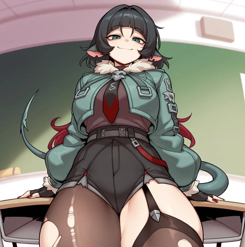 ai_generated bare_thighs black_hair gigantic_breasts green_eyes huge_breasts huge_thighs jacket jane_doe_(zenless_zone_zero) light-skinned_female light_skin looking_down low-angle_view massive_breasts nanam_kakama rat_ears rat_girl rat_tail school_background short_hair smiling solo_female squatting stockings sweat sweatdrop thick_body thick_female thick_thighs thighs thighs_bigger_than_head voluptuous voluptuous_female zenless_zone_zero