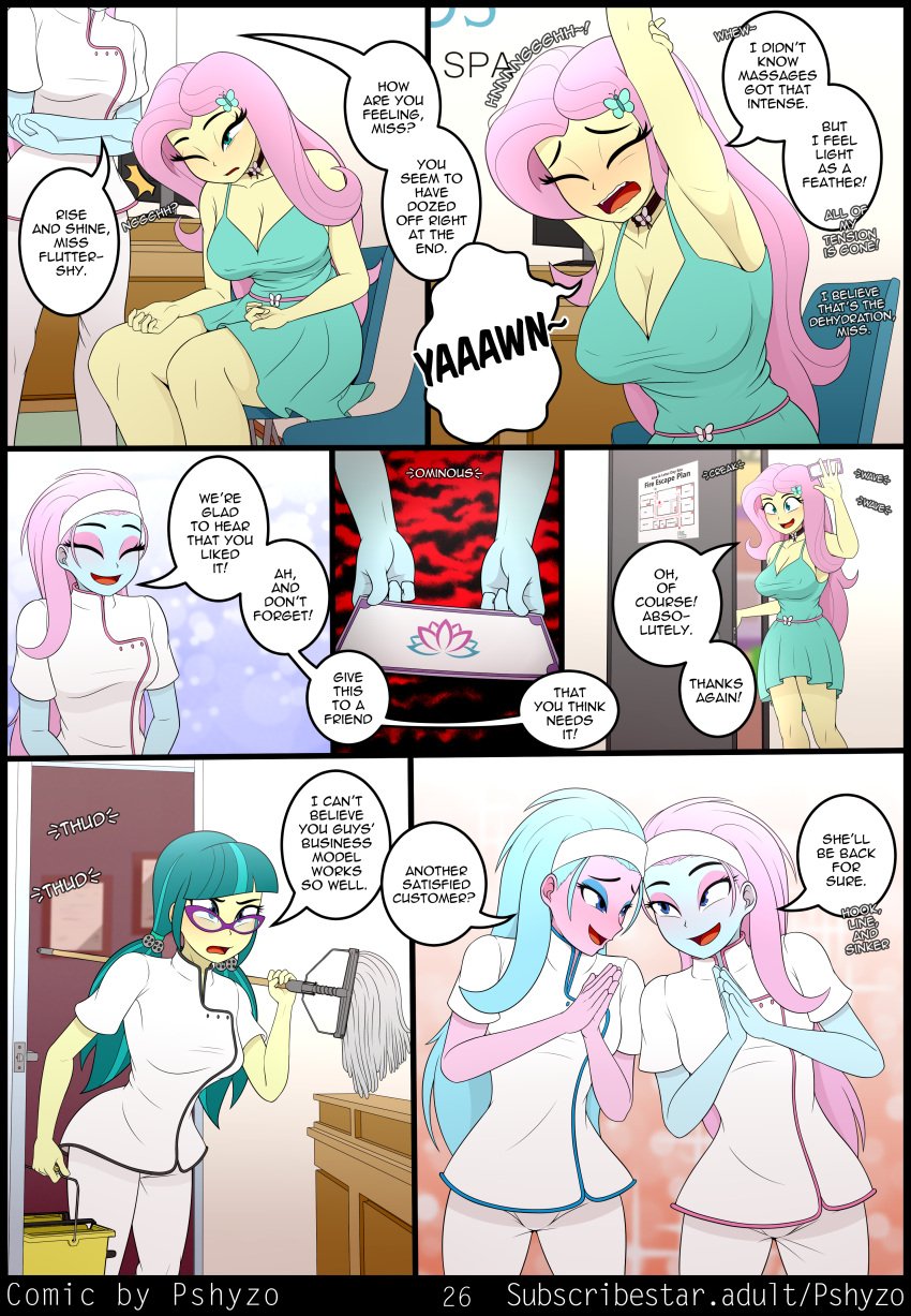 aloe_(mlp) areola_bulge arms_crossed blue_eyes blue_hair blue_skin blush braless busty choker cleavage comic english_text equestria_girls eyeshadow female_only fluttershy_(eg) glasses huge_breasts juniper_montage_(eg) lotus_blossom medium_breasts mop my_little_pony no_bra open_mouth page_26 pink_hair pink_skin pshyzo ribbon_choker spa_sisters_(mlp) speech_bubble stretching twintails waking_up yawn yellow_skin