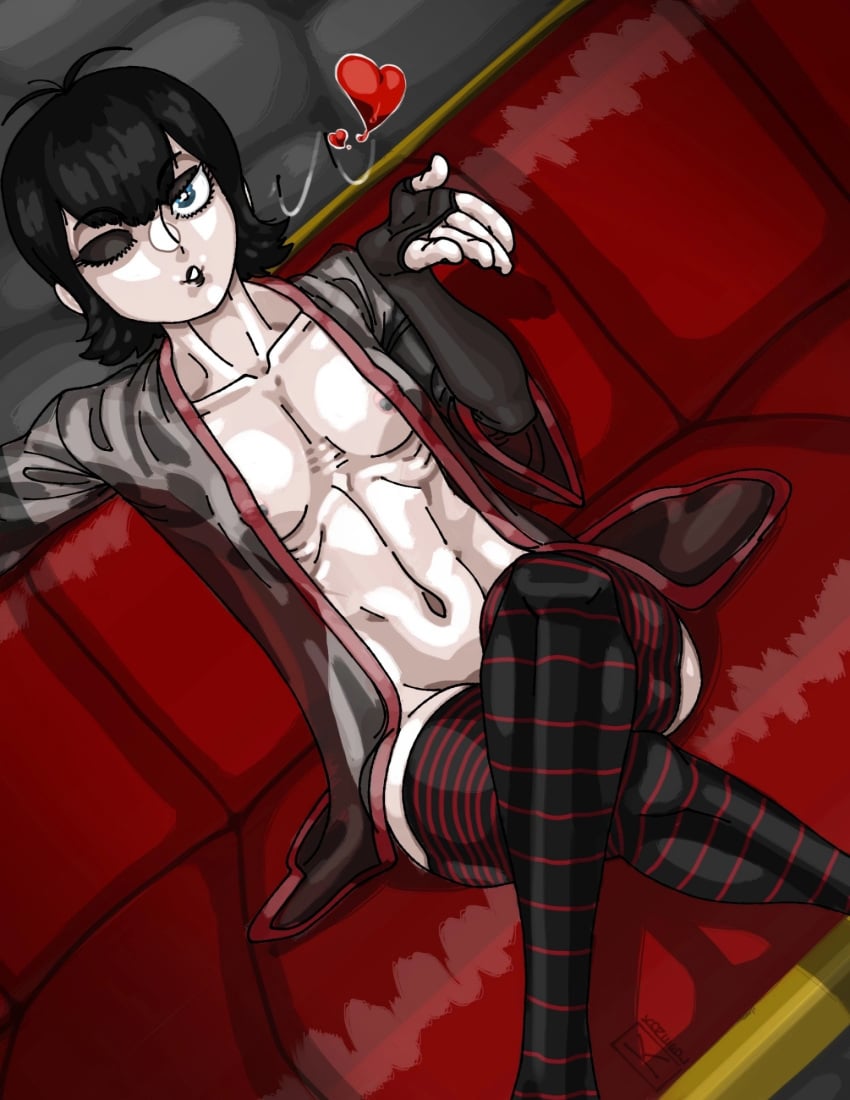 black_hair black_lipstick black_nails blue_eyes boobs breasts emo emo_girl goth goth_girl halloween hotel_transylvania konefol mavis_dracula nipple_piercing piercing striped_legwear striped_socks thigh_highs thighs vampire vampire_girl wink