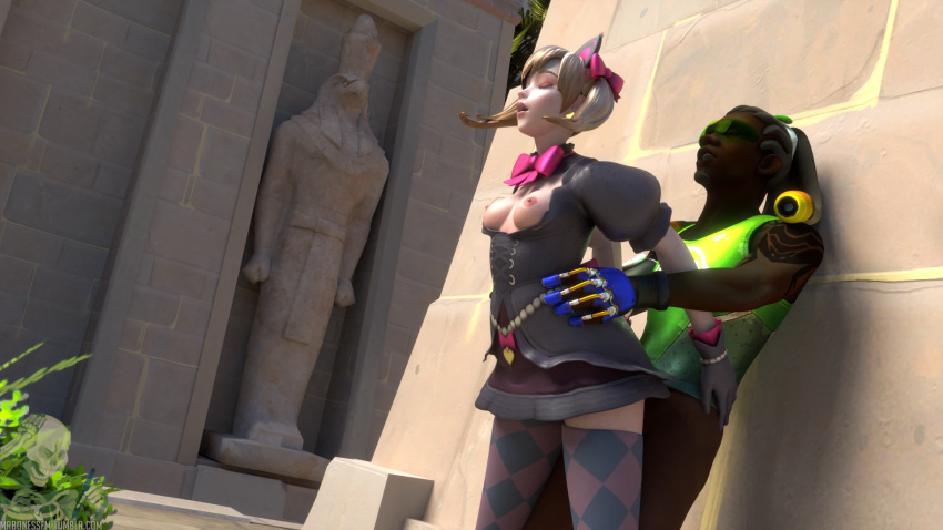 3d alternate_costume asian black_cat_d.va blender d.va dark-skinned_male dark_skin female interracial lúcio mrbonessfm necropolis_(map) overwatch overwatch_2 standing