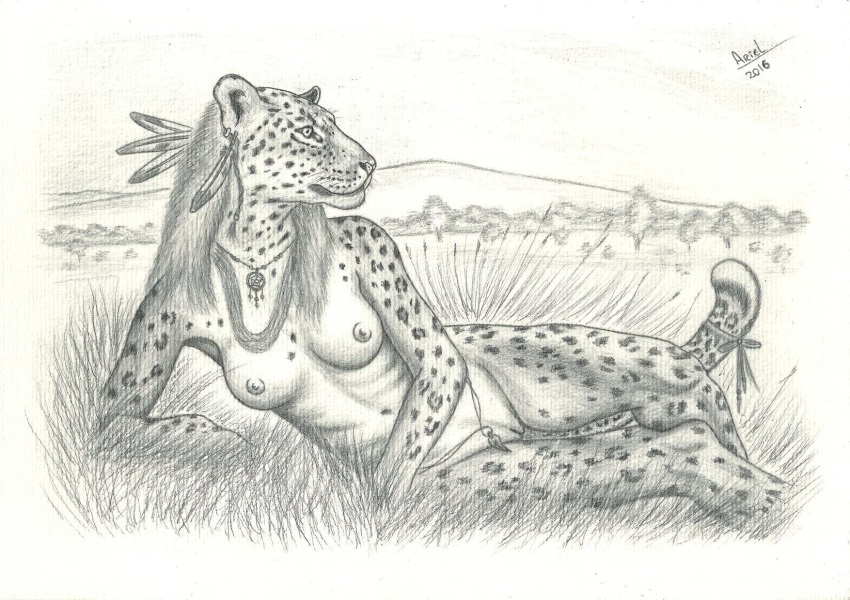 anthro arcr-cric breasts feathers feline female fur grass jaguar jewelry mammal monochrome navel necklace nipples nude outside pussy reclining solo spots spotted_fur tree