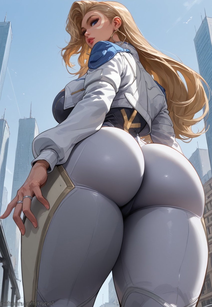 ai_generated alternate_version_at_source ass ass_focus back_view blonde_hair blue_eyes bodysuit city_background dagger_(marvel) dagger_(marvel_rivals) female hypet low-angle_view marvel_rivals shiny_skin solo standing suit tagme thick thick_ass thick_legs thick_thighs thighhighs thighs video_game_character video_games white_bodysuit