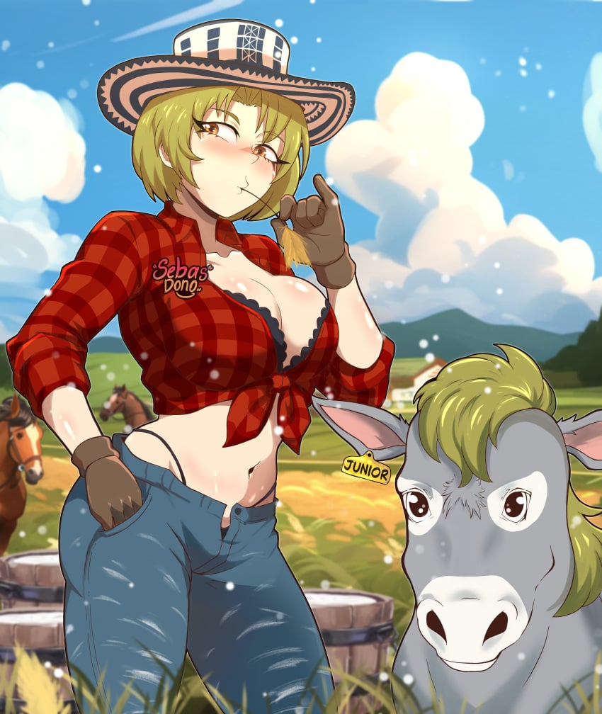 artist_logo artist_name artist_signature belly belly_button big_breasts black_bra black_thong bra brown_eyes cleavage cleavage_overflow colombian colombian_hat costeño_hat country_girl denim donkey ear_piercing earrings farm farm_girl farmgirl female female_focus freckles gloves green_hair hat hispanic hispanic_virtual_youtuber indie_virtual_youtuber jeans latam_virtual_youtuber light-skinned_female light_skin looking_at_viewer lumberjack_shirt outdoors outside plaid_shirt ryumivt sebasdono short_hair straw straw_hat straw_in_mouth sun_hat thong thong_straps tied_shirt twitch twitch.tv unbuttoned unbuttoned_pants unbuttoned_shirt virtual_youtuber visible_bra visible_bra_through_clothes vtuber yellow_eyes youtube youtube_hispanic