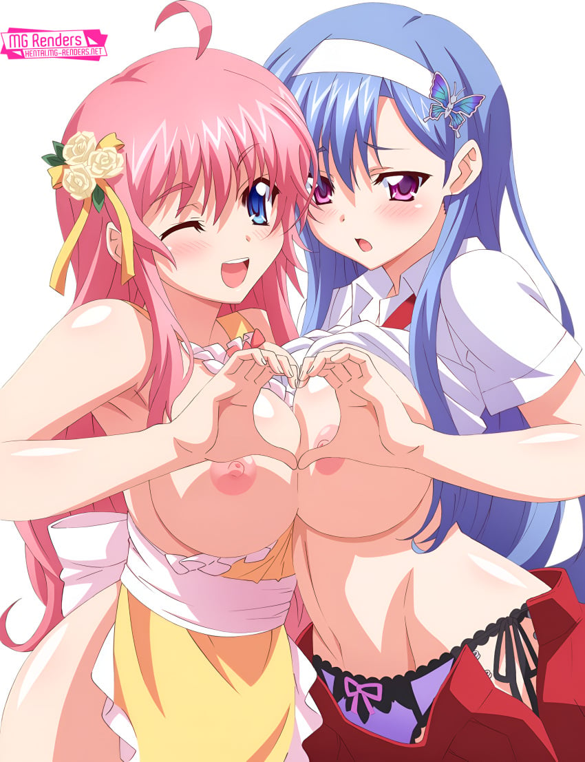 2girls armpits blue_eyes blue_hair blush breasts breasts_out breasts_pressed_together butterfly_hair_ornament family flower glowing_skin heart hentai imouto_paradise!_2 long_hair looking_at_viewer nanase_momoka nanase_ririna nipples no_bra no_sleeves one_eye_closed open_clothes open_mouth open_shirt panties pink_hair purple_eyes red_skirt shining_skin sisters smiling sweat very_long_hair