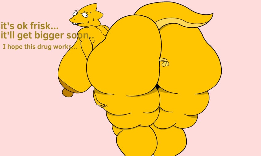 1boy 1girls alphys big_nipples bottom_heavy completely_nude dialogue edit english_text female_focus frisk glasses hand_on_thigh huge_ass huge_breasts larger_female looking_back nut-master nut-master_(artist) shaded simple_background size_difference small_penis smaller_male sweat tail tasteofchoklit tasteofchoklit_(edit) undertale