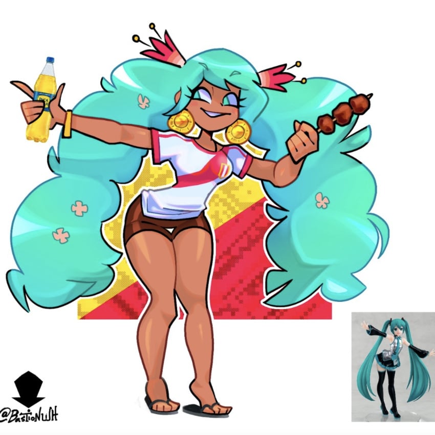 1girls 2024 aqua_hair bastion_wh blue_eyes blue_hair brown_skin curvy cyan_eyes cyan_hair digital_art earrings federacion_peruana_del_futbol flip_flops flowers_in_hair hair_ornament hatsune_miku inca_kola jewelry latina long_hair medium_breasts peruvian_miku sandals shorts tan_body tan_skin thick_hips thick_thighs thigh_gap thighs twintails very_long_hair vocaloid