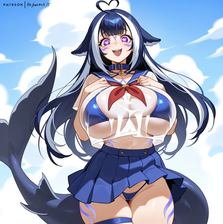 ai_generated bare_thighs bikini blue_hair gigantic_breasts heart-shaped_pupils huge_breasts huge_thighs light-skinned_female light_skin long_hair looking_at_viewer massive_breasts multicolored_hair nanam_kakama pink_eyes sailor_uniform shylily smiling solo_female squatting sweat sweatdrop thick_body thick_female thick_thighs thighs twitch virtual_youtuber voluptuous voluptuous_female whale_girl whale_tail