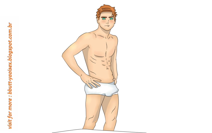 1boy abs balls_outline erection_under_clothes gay green_eyes hands_on_hips looking_at_viewer male male_only no_nipples orange_hair pecs scowl shorts solo square_eyes yaoi