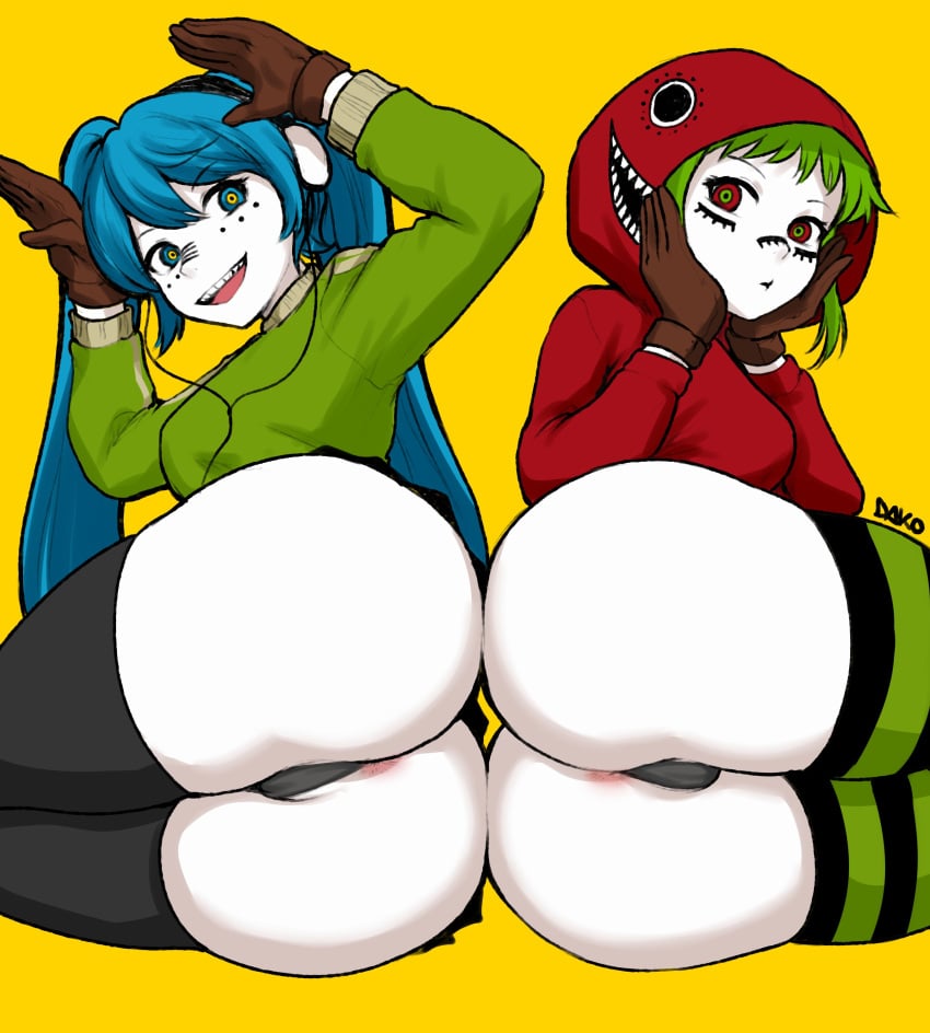 2girls anus anus_peek ass big_breasts bottomless dakosito gumi hatsune_miku long_hair looking_at_viewer looking_back matryoshka_(vocaloid) megpoid_gumi mv_character open_mouth panties partially_clothed presenting smile socks thick_thighs thong thong_over_anus twintails vocaloid