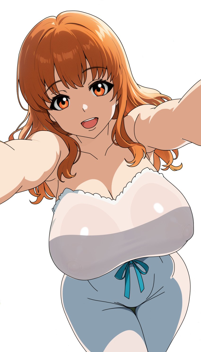 blush breasts cleavage collarbone devil_jone_qrit dress female girls_und_panzer highres large_breasts long_hair looking_at_viewer nipples open_mouth orange_eyes orange_hair see-through_clothes simple_background smile solo takebe_saori transparent_background white_dress