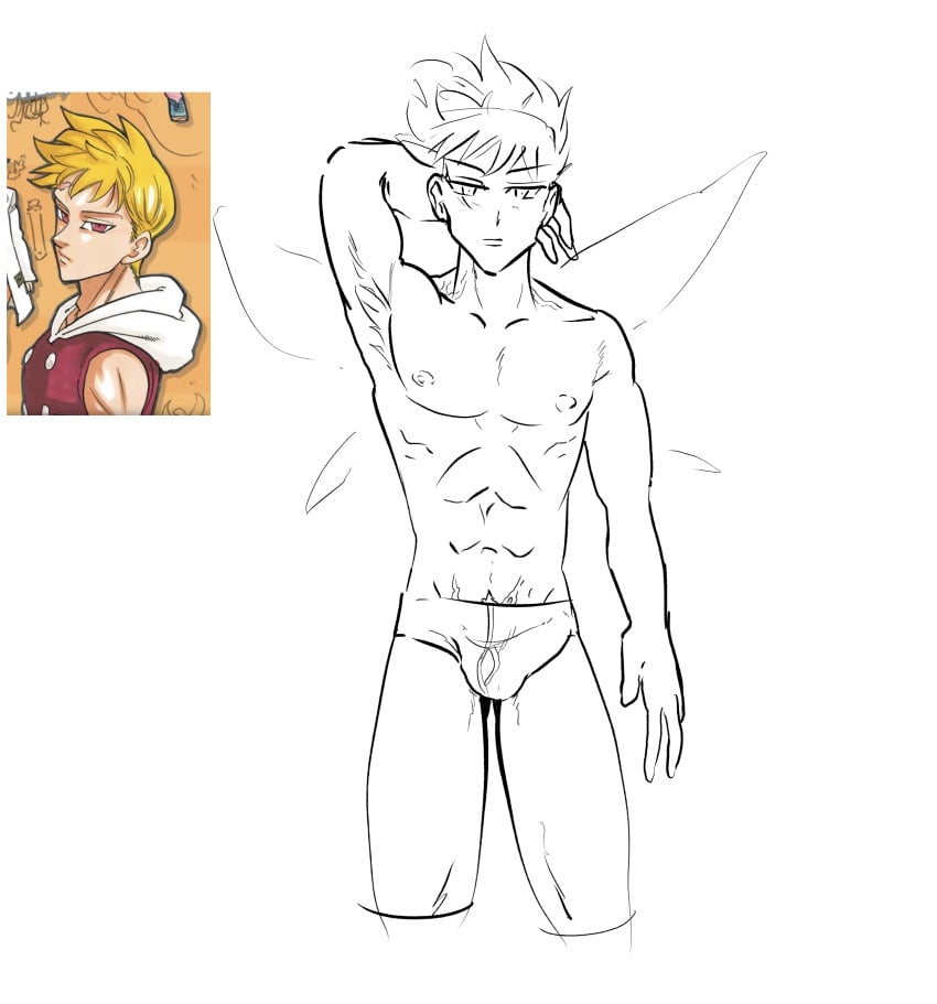 abs armpit_hair armpits bulge bulge_through_clothing kedrusha lancelot_(mokushiroku_no_yonkishi) male male_only mokushiroku_no_yonkishi nanatsu_no_taizai pecs penis pretty_boy seven_deadly_sins sketch skinny slip underwear