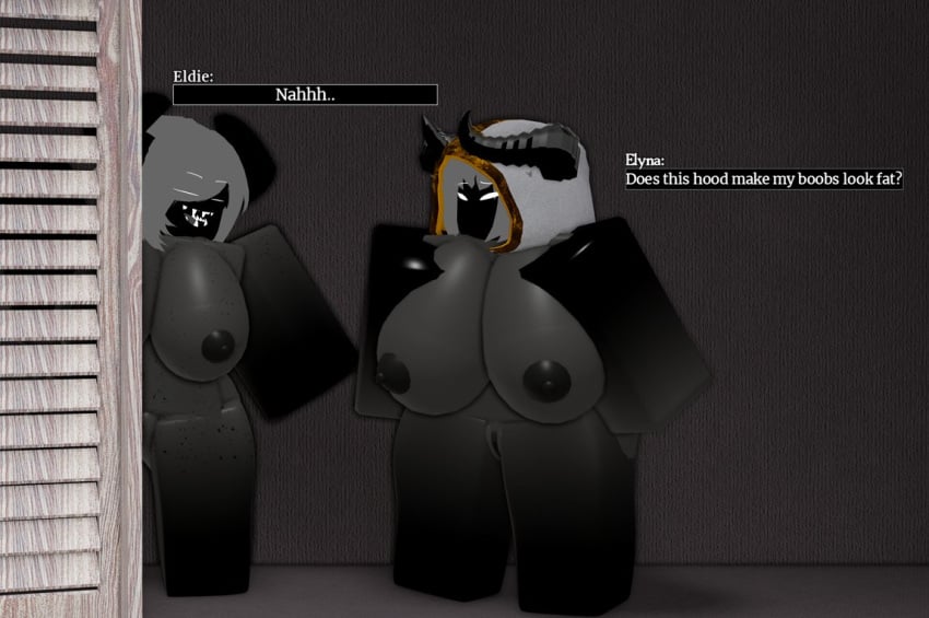 2girls 3d background big_breasts breasts demon_girl lampshaderr34 nipples pussy roblox robloxian tagme text