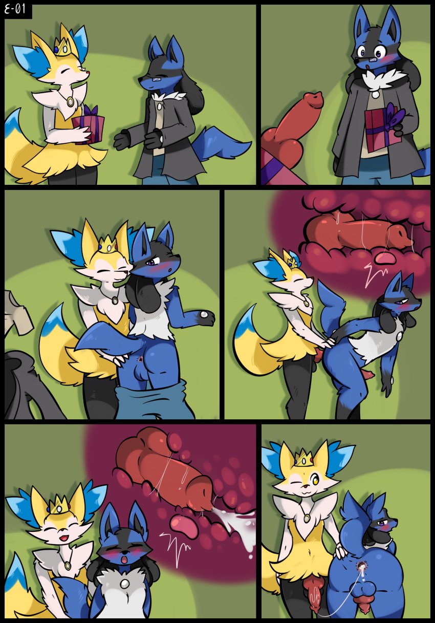 absurd_res anal anal_sex animal_genitalia anthro anus ass balls black_nose blue_body blue_fur blush bodily_fluids braixen braixy_fireheart canid canine canine_genitalia clothed clothing collar comic crown cum cum_in_ass cum_inside digital_media_(artwork) duo e-01 erection eyewear fur generation_4_pokemon generation_6_pokemon genital_fluids genitals gift glasses hair headgear hi_res inner_ear_fluff internal jewelry knot lucario male male/male male_penetrated male_penetrating male_penetrating_male mammal multicolored_body nintendo nude open_mouth penetration penile penis pokemon pokemon_(species) prostate prostate_stimulation purple_eyes sex simple_background smile tail tuft white_body white_fur yellow_body yellow_eyes yellow_fur