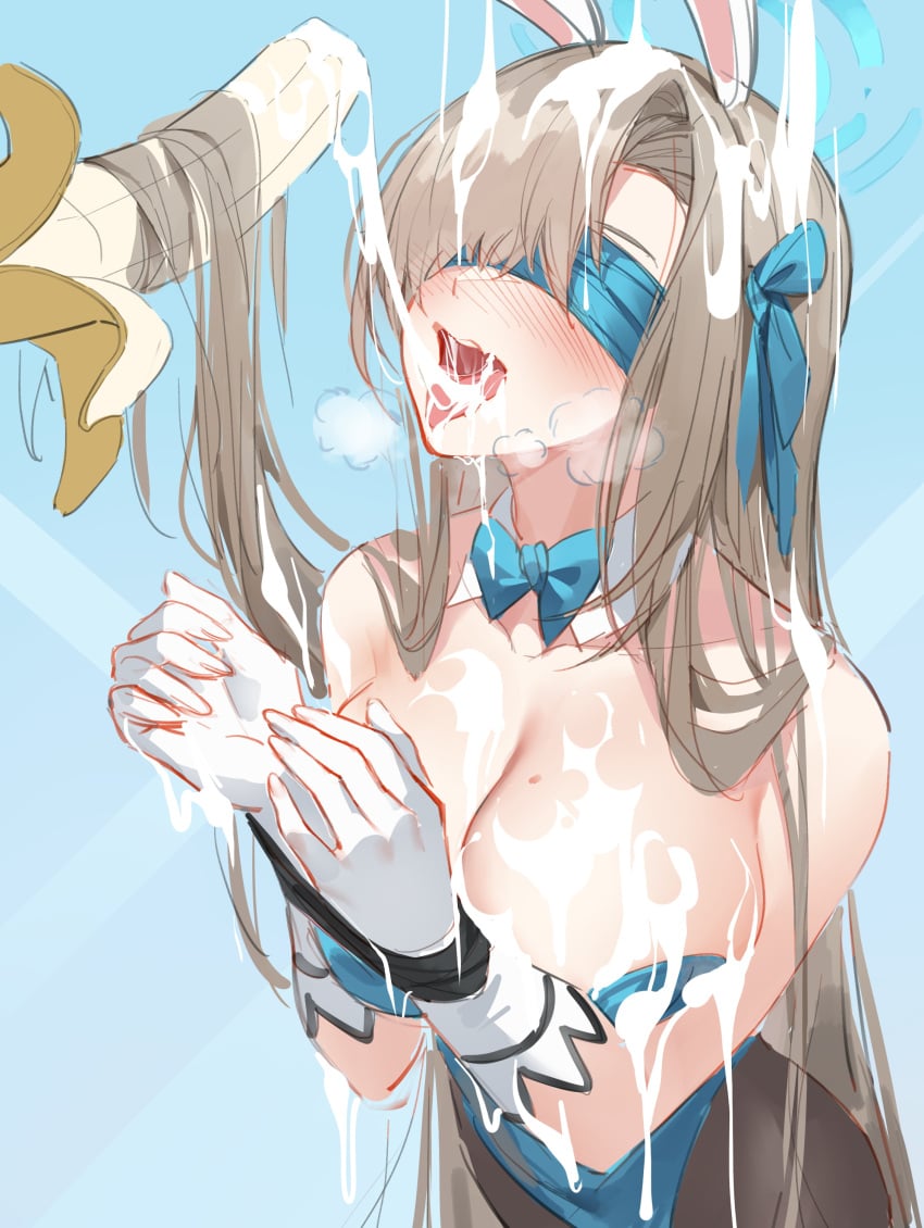 absurdres animal_ears asuna_(blue_archive) asuna_(bunny)_(blue_archive) banana blue_archive blue_blindfold blue_leotard blush bound bound_wrists breasts brown_pantyhose cleavage collarbone commentary detached_collar fake_animal_ears female food fruit gloves hair_over_one_eye halo highres large_breasts leotard long_hair lxkate mole mole_on_breast open_mouth pantyhose phallic_symbol playboy_bunny rabbit_ears sexually_suggestive solo standing steam strapless strapless_leotard suggestive_fluid tongue tongue_out very_long_hair white_gloves