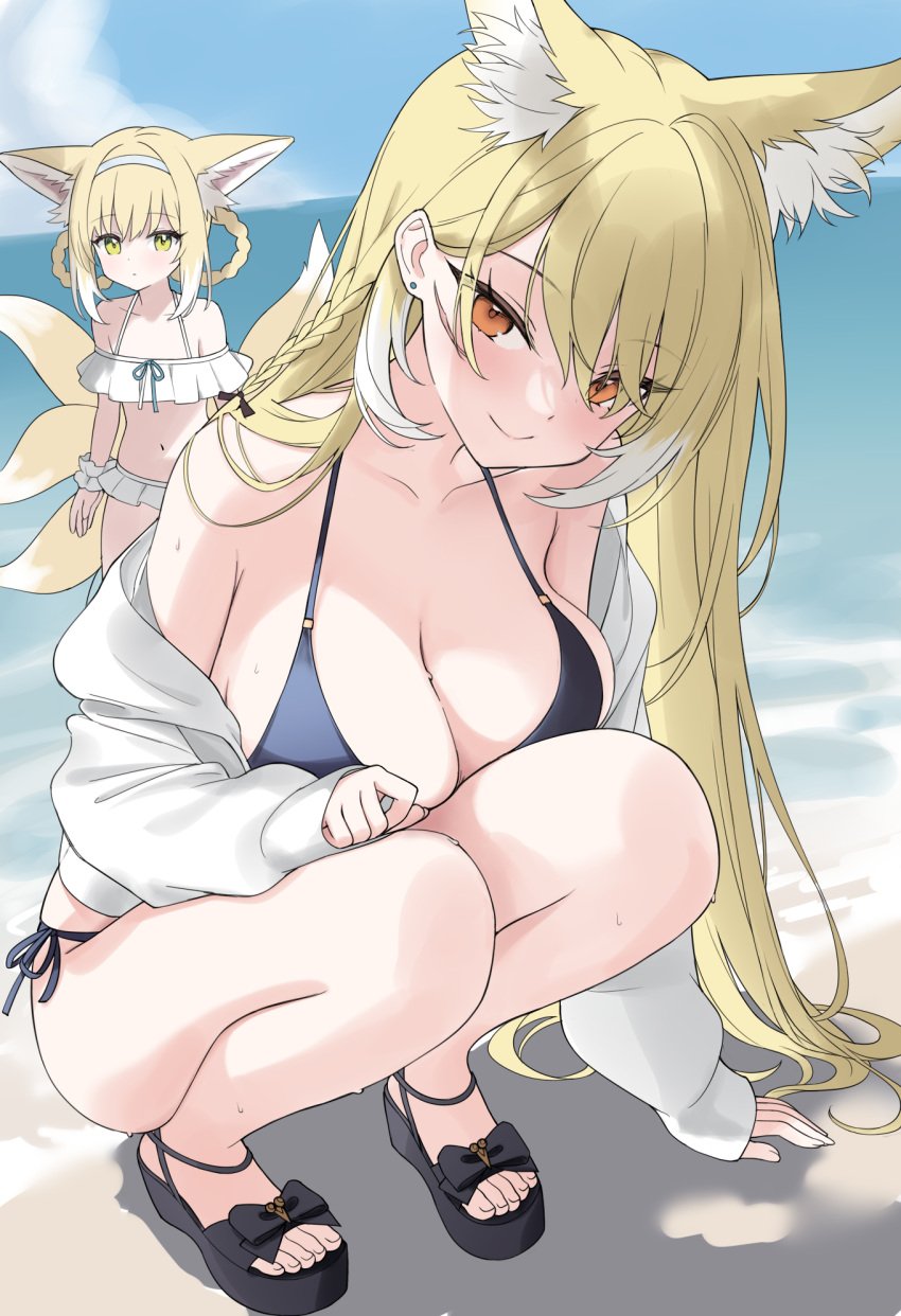 2girls animal_ear_fluff animal_ears arknights arm_support beach bikini black_bikini black_bow black_footwear black_sandals blonde_eyebrows blonde_female blonde_hair blonde_hair blonde_hair_female bow braid braided_hair_rings breasts busty busty_female busty_girl catyu cleavage closed_mouth closed_mouth_smile coast coat collarbone day ear_piercing earrings eyebrows_visible_through_hair footwear footwear_bow green_eyes green_eyes_female hair_behind_ear hair_rings head_tilt highres horizon jacket jewelry large_breasts long_hair long_sleeves looking_at_viewer mother_and_daughter multicolored_hair multiple_girls navel ocean off_shoulder open_coat open_jacket open_topwear orange_eyes orange_eyes_female outdoor outdoors outside pierced_ear red_eyebrows red_hair_female sand sandals scar scar_on_cheek scar_on_face sea seaside short_hair sky smile smiley_face smiling smiling_at_viewer smirk squatting streaked_hair sunlight suzuran_(arknights) swimsuit tilted_head topwear vulpisfoglia_(arknights) water white_bikini white_coat white_hair white_jacket white_topwear