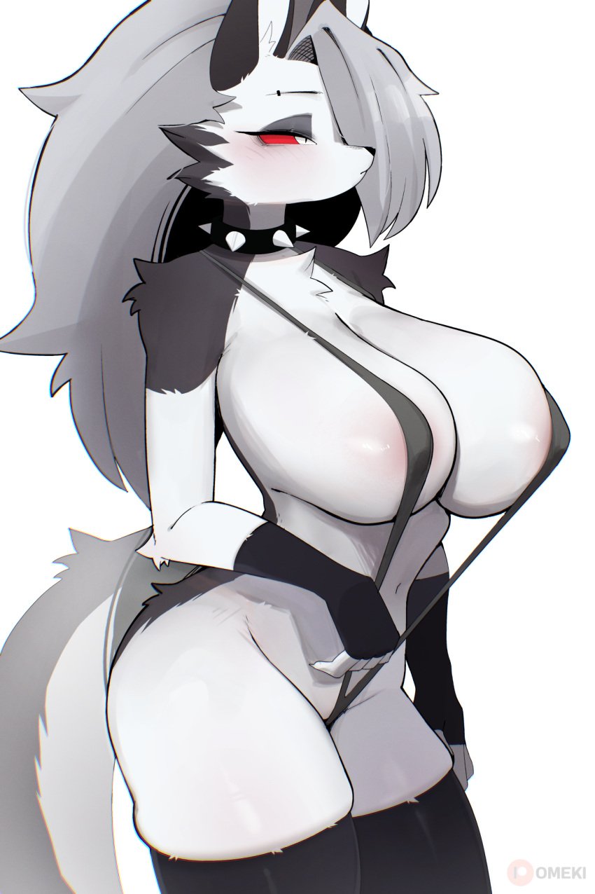 animal_ears black_thighhighs body_fur breasts collar female furry furry_female grey_hair helluva_boss highres large_breasts long_hair looking_at_viewer loona_(helluva_boss) omeki red_eyes solo spiked_collar spikes tail thighhighs white_fur