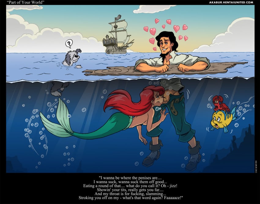 akabur ariel canon_couple disney exposed exposed_breasts fellatio flounder heart oral parody penis prince_eric red_hair sebastian_(disney) stealth_fellatio tagme the_little_mermaid underwater underwater_fellatio underwater_sex