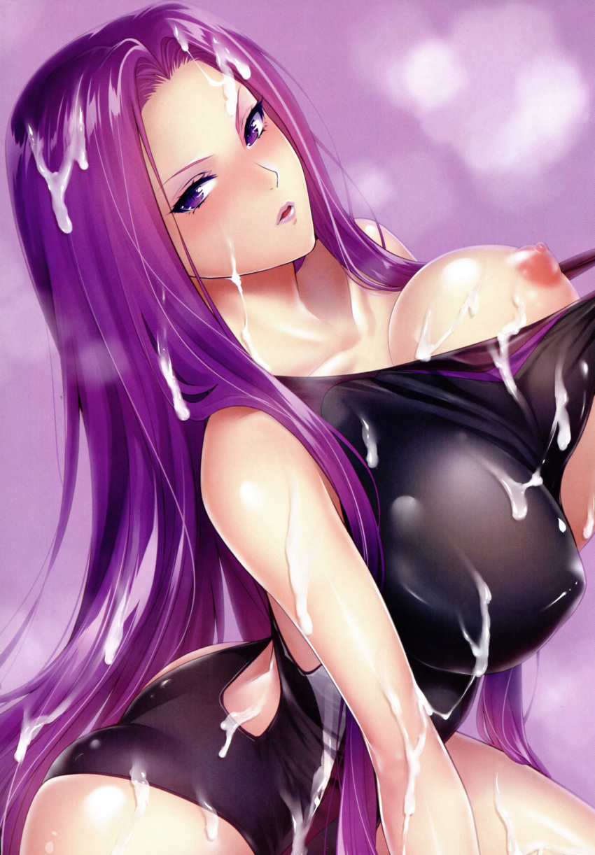 cum cum_on_body cum_on_breasts cum_on_face cum_on_hair fate/grand_order fate/hollow_ataraxia fate/stay_night fate_(series) large_breasts medusa_(fate) purple_eyes purple_hair swimsuit zucchini