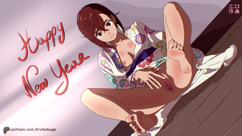 1girls ayase_momo barefoot blush bottomless breasts brown_eyes brown_hair clitoral_hood clitoris dandadan dutch_angle earrings ero_sakuga exposed_breast exposed_pussy feet female female_only full_body functionally_nude genitals hairless_pussy happy_new_year indoors kimono kimono_open legs looking_at_viewer naked new_year nipple_slip nipples no_panties open_clothes open_kimono presenting presenting_pussy pussy sitting small_breasts smile soles solo_female spread_legs spreading teenage_girl teenager thighs toes uncensored uncensored_vagina vagina young young_female