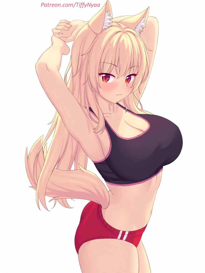 big_ass big_breasts blonde_hair blush blush buruma cat_ears cat_tail hands_behind_head long_hair looking_at_viewer patreon patreon_username red_eyes thighs tiffy tiffynyaa