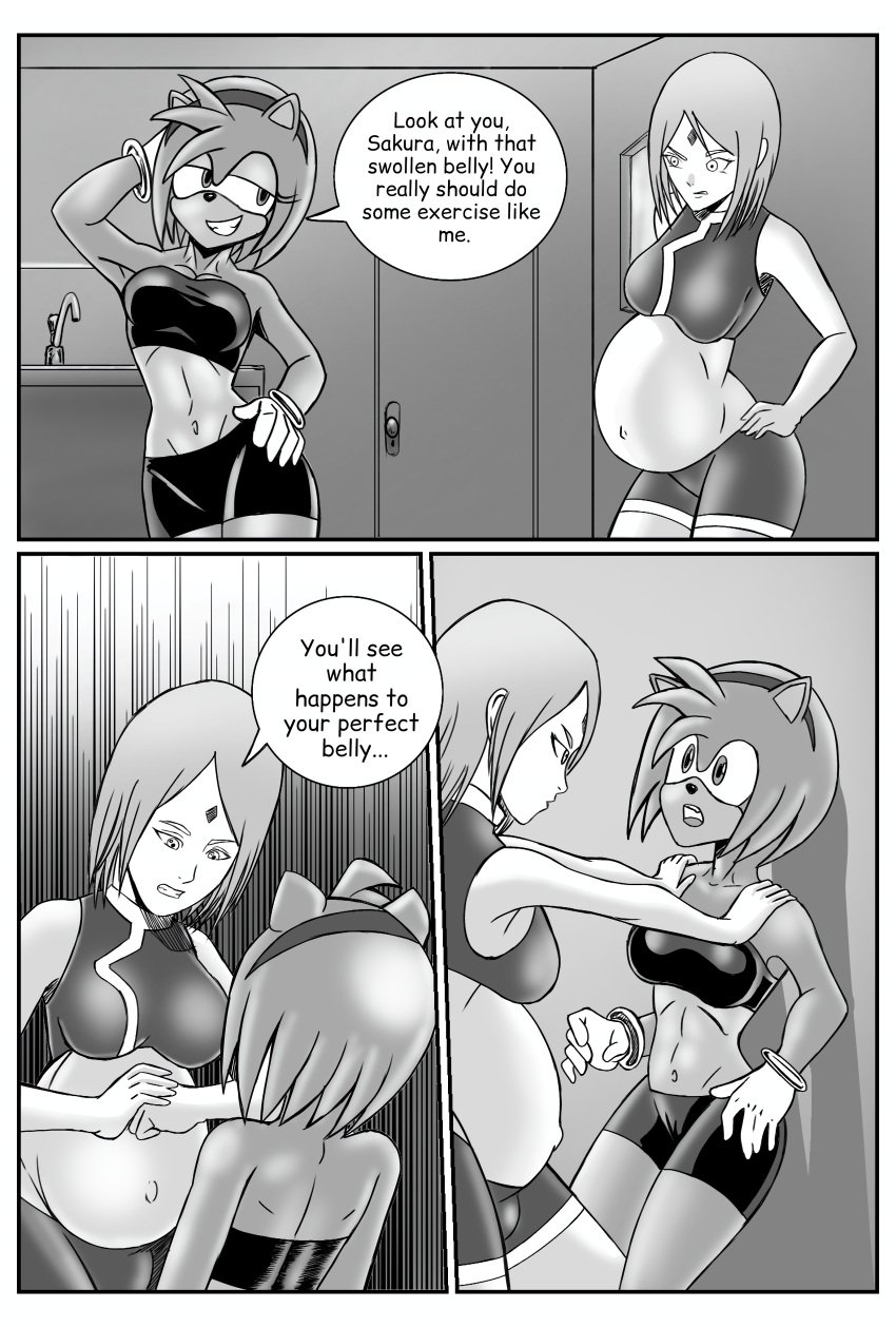 amy_rose anthro bbw belly big_belly black_and_white chubby clothing comic crop_top fat lesbian_sex milf nadiaavansis naruto navel page_1 pink_hair plump pregnant pudgy_belly sakura_haruno sexual_competition sonic_(series) yuri