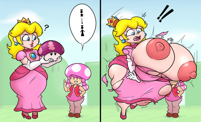 2girls ? areolae ass ass_bigger_than_head ass_expansion blonde_hair blue_eyes breast_expansion breasts breasts_bigger_than_head clothed dumptruck_ass earrings eyelashes female female_focus female_only heels hips huge_ass hyper hyper_ass hyper_breasts large_ass large_breasts mario_(series) mushroom nintendo nipples noh-buddy pink_hair princess princess_peach question_mark ripped_clothing ripped_dress super_mario_bros. text_bubble thick_thighs thighs toadette vest wardrobe_malfunction wide_hips