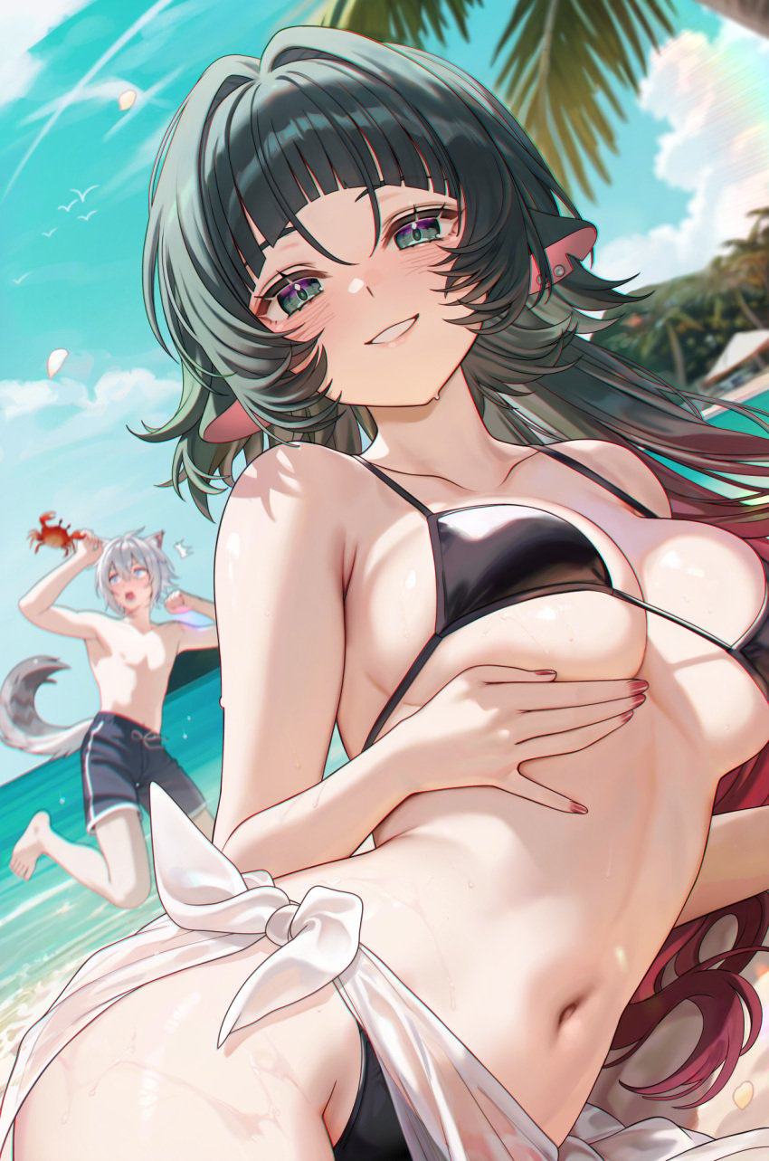 1boy 1girls background beach bikini bikini_top black_hair breasts crustacean detailed_background fox_boy fox_ears fox_tail jane_doe_(zenless_zone_zero) long_hair rat_ears rat_girl rat_tail seth_lowell smile surprised tree zenless_zone_zero