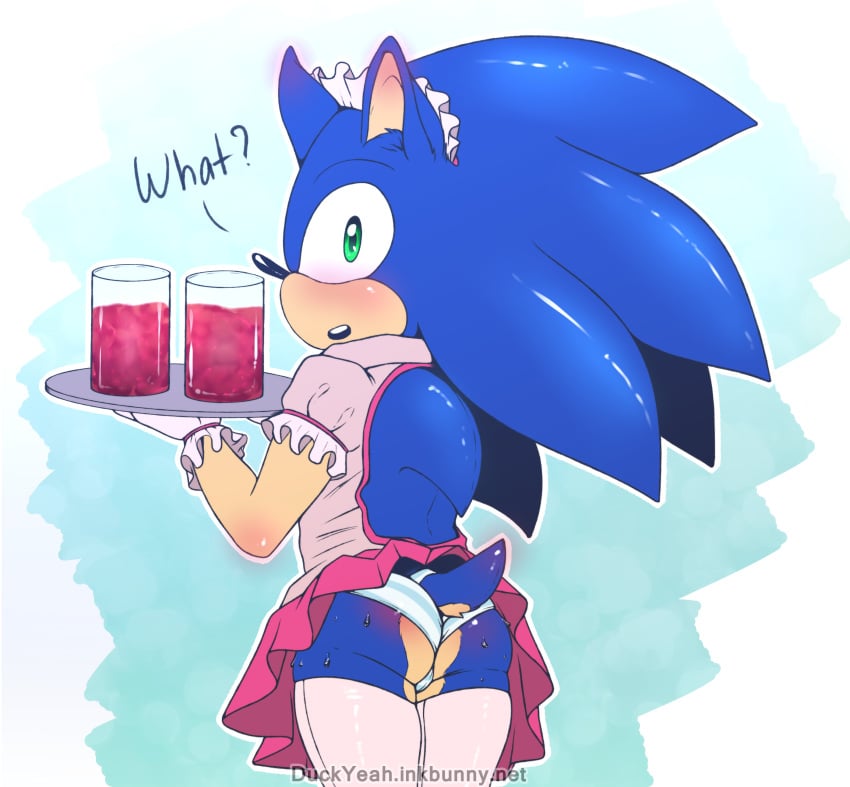 1boy ass ass_sweat crossdressing duckyeah from_behind looking_back maid male male_only panties solo sonic_(series) sonic_the_hedgehog sweat thong upskirt waitress