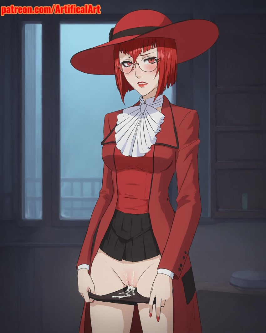 1girls ai_generated angelina_durless artifical_art black_butler glasses kuroshitsuji lipstick red_eyes red_hair red_lipstick slender_body solo