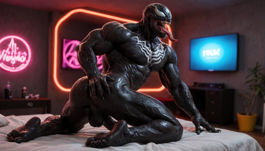 ai_generated alien athletic balls feet large_pectorals large_penis male male_only marvel monster muscular pectorals penis solo_male spiderman symbiote testicles venom