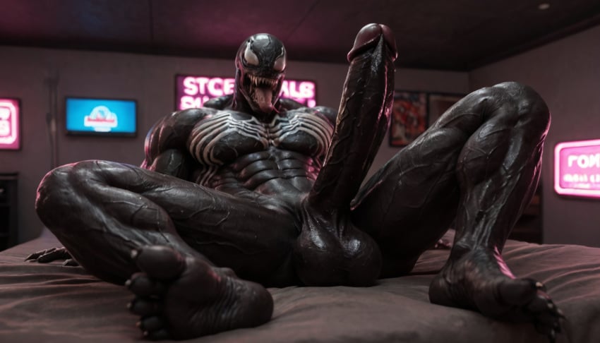 ai_generated alien athletic balls feet large_pectorals large_penis male male_only marvel monster muscular pectorals penis solo spiderman symbiote testicles venom