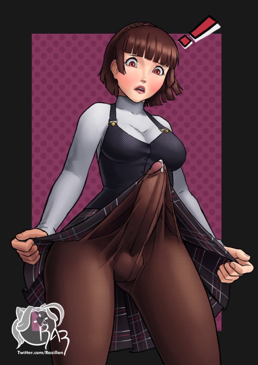 futanari makoto_niijima persona persona_5 precum school_uniform skirt tenting tights