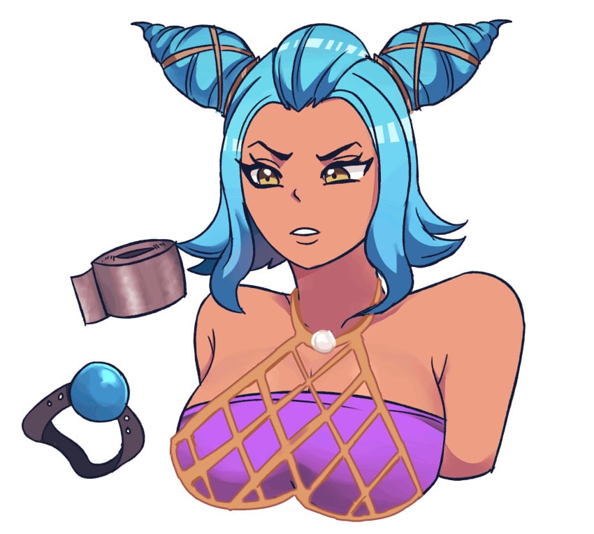 blue_hair damsel_in_distress gag gagged league_of_legends ocean_song_zeri pleading pool_party_series twintails zeri_(league_of_legends)