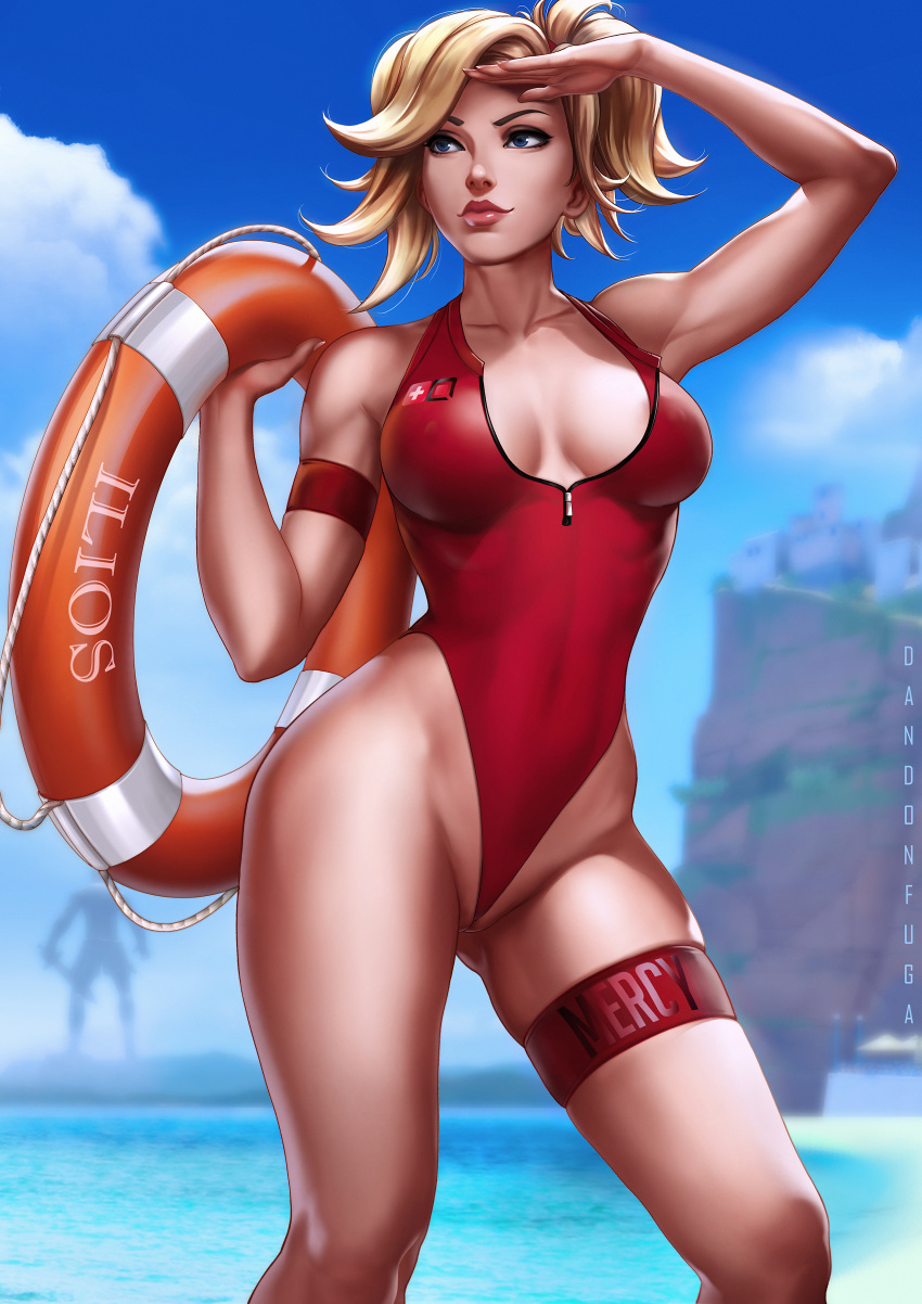 1girls absurdres arm_up armpit bare_arms bare_shoulders between_labia blizzard_entertainment blonde_hair blue_eyes blue_sky breasts cameltoe cleavage clouds collarbone covered_navel dandon_fuga day eye_of_horus female female_only high_ponytail highleg_swimsuit highres holding innie_pussy legs life_preserver lifeguard lips lipstick looking_away medium_breasts mercy mound_of_venus no_wings one-piece_swimsuit outdoors overwatch partially_visible_vulva ponytail pussy red_lipstick red_swimsuit sea shading_eyes sky sleeveless smile solo standing swimsuit thigh_strap thighs uncensored unzipped water wedgie zipper