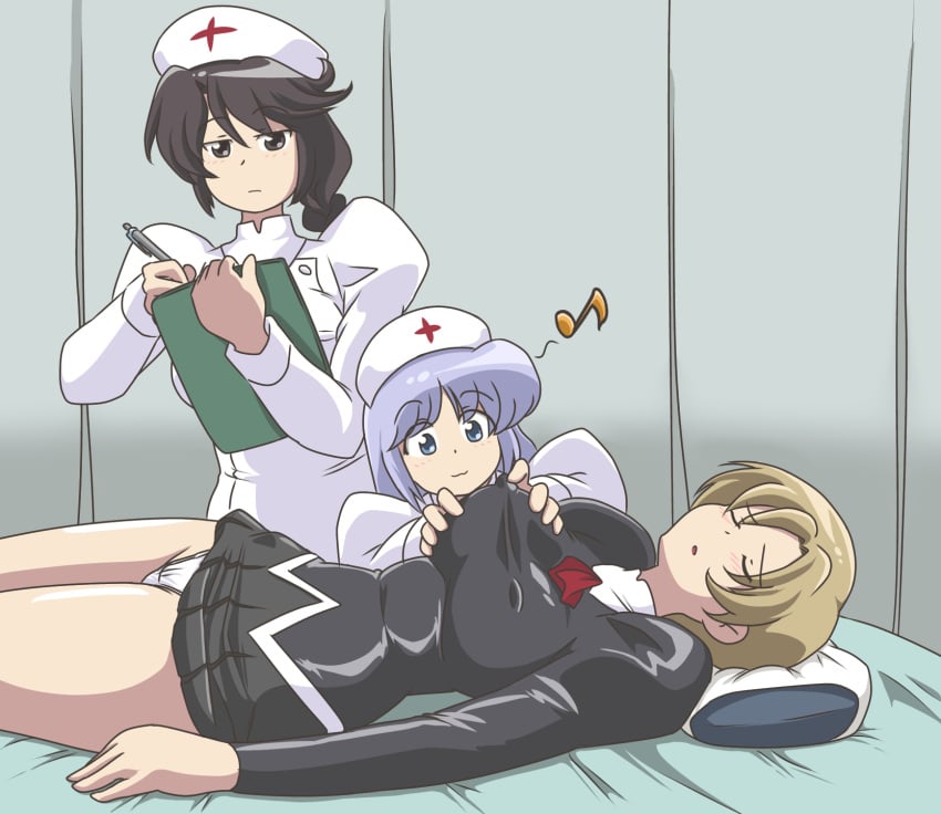 3girls agent_aika black_delmo delmo female_only fondling_breast henchwoman knocked_out kuroyoshi multiple_girls nurse_cap sleep_molestation unconscious villainess