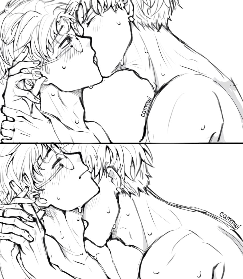 2boys dandadan gay holding_hands jin_enjoji kissing male_only multiple_boys takakura_ken_(okarun) yaoi