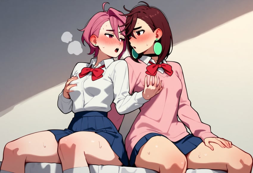 2girls ai_generated ayase_momo big_ass big_butt blush blushing_female breath cleavage dandadan deep_cleavage dripping female female_only hand_between_legs hand_on_another's_ass image_sequence image_set kissing lovers medium_breasts narrow_waist on_bed open_mouth rivals saliva saliva_drip saliva_trail self_upload shiratori_aira_(dandadan) sweatdrop sweating sweaty sweaty_body sweaty_breasts sweaty_butt thick_nipples thick_thighs wide_hips yeetyboi5000 yuri