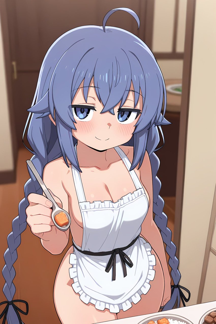 1girls ai_generated apron apron_only bare_thighs big_breasts blue_eyes blue_hair braided_hair female female_only hiragayu_ai huge_breasts huge_thighs large_breasts light-skinned_female light_skin looking_at_viewer mushoku_tensei roxy_migurdia shortstack smiling solo squatting sweat sweatdrop thick_body thick_female thick_thighs thighs voluptuous voluptuous_female