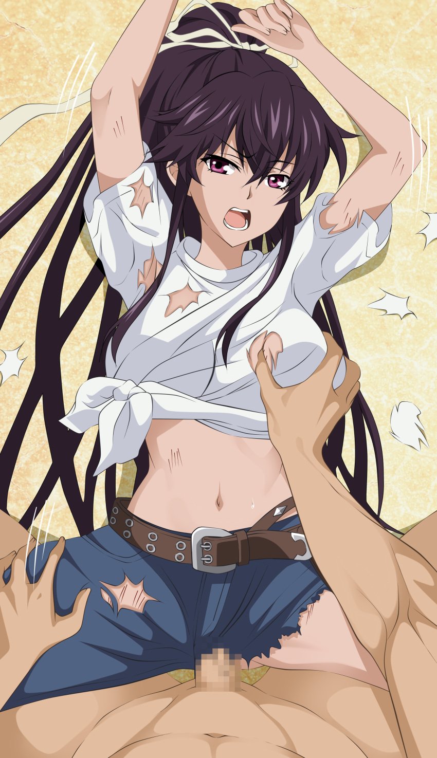 1boy absurdres arms_up asymmetrical_clothes belt black_hair breasts brown_belt censored commission english_commentary female grabbing_another&#039;s_breast groping hair_between_eyes hair_ribbon highres kanzaki_kaori kiniro_tofu large_breasts long_hair looking_at_viewer lying mosaic_censoring navel on_back open_mouth penis ponytail pov purple_eyes rape ribbon sex shirt single_pantsleg straight tied_shirt toaru_majutsu_no_index torn_clothes torn_shirt vaginal_penetration very_long_hair white_shirt