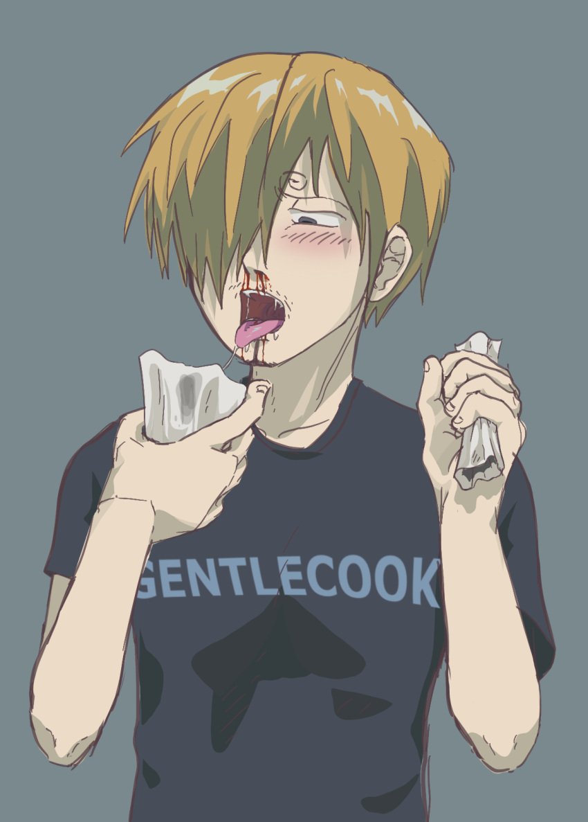 anime anime_style animedrawing artist_request blonde_hair blue_eyes blush boy clothing fanart fully_clothed licking light-skinned_male light_skin male male_only nosebleed one_piece original_art original_artwork saliva saliva_drip saliva_on_face saliva_on_tongue saliva_string salivating sanji sanji_(one_piece) swirly_eyebrows vinsmoke_sanji white_boy