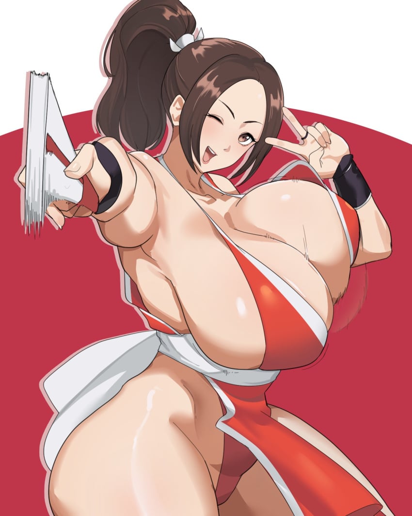 1girls big_breasts bouncing_breasts breasts brown_eyes brown_hair cleavage fatal_fury female female_only folding_fan hair hips huge_breasts king_of_fighters mai_shiranui motion_blur muundae one_eye_closed peace_sign pelvic_curtain ponytail revealing_clothes skimpy skimpy_clothes smile solo solo_female thick_thighs thighs wide_hips wink winking