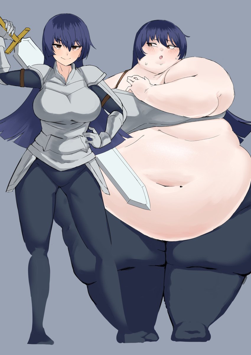 1girls 2023 absurd_res armor bbw before_and_after belly blue_hair breasts fat fat_arms fat_belly female female_focus hips huge_belly huge_breasts long_hair obese obese_female onehaunt overweight_female solo solo_female solo_focus sword thick_thighs thighs weapon weight_gain wide_hips