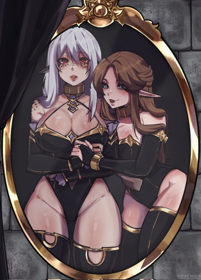 big_breasts brown_hair elf_ears looking_at_viewer mirror_reflection nasya__ns oc silva_(nasya_ns) thigh_boots