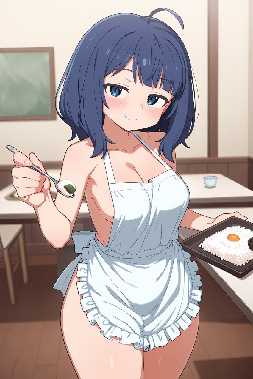 ai_generated apron apron_only bare_thighs big_breasts blue_eyes blue_hair hiragayu_ai huge_breasts huge_thighs large_breasts light-skinned_female light_skin looking_at_viewer make_heroine_ga_oo_sugiru! medium_hair smiling solo_female squatting sweat sweatdrop thick_body thick_female thick_thighs thighs voluptuous voluptuous_female yanami_anna