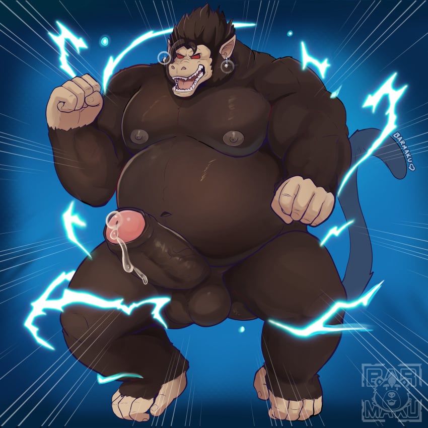 absurd_res anthro balls barmaku belly bodily_fluids brown_body brown_fur dragon_ball dragon_ball_z erection fur genitals hi_res humanoid_genitalia humanoid_penis male mammal muscular muscular_male oozaru overweight overweight_male penis potara_ear_ring primate red_eyes saiyan solo vegito