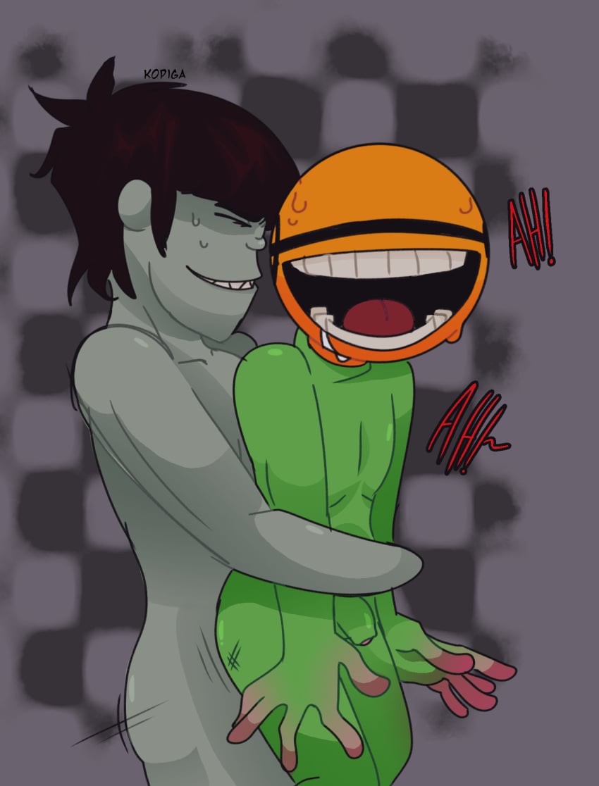 2boys basketball_head crossover gay gay_sex gorillaz green_skin jimmy_freebie k0piga murdoc_niccals phoo_action pounding pounding_ass small_penis standing standing_sex sweat sweat_drop sweatdrop tagme_(artist) teeth_showing text toony